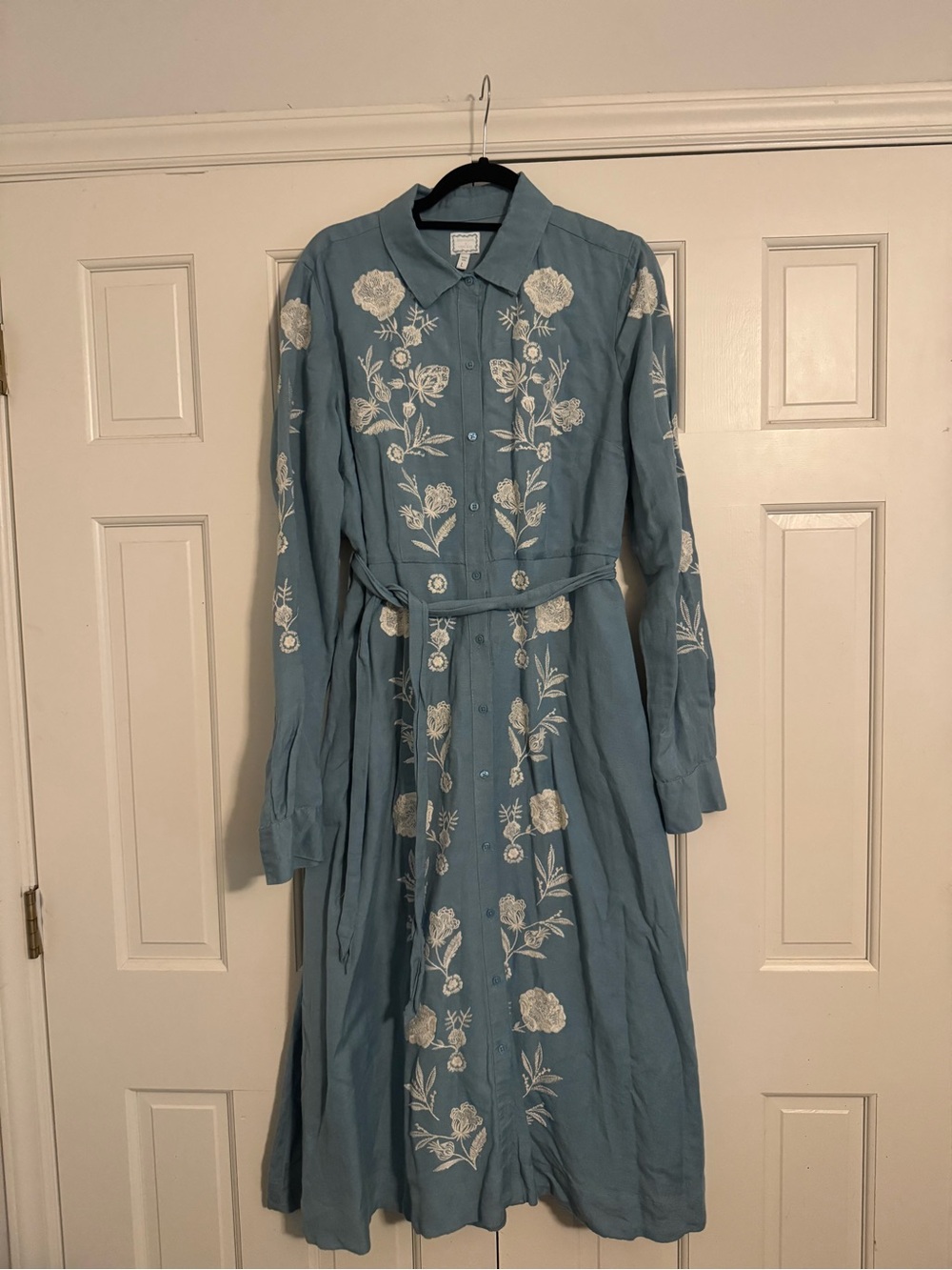 crown & ivy Dusty Blue Long-Sleeve Embroidered Shirt Dress